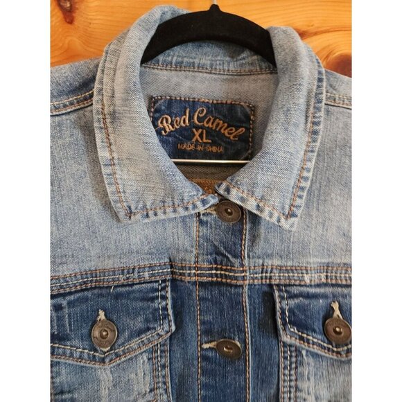 Red Camel Crop Jacket Blue Jean Collared Buttons Stretch Size XL - Picture 6 of 12